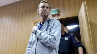 In this Aug. 27, 2018, file photo, Russian opposition leader Alexei Navalny arrives for his trial at a Moscow courthouse.