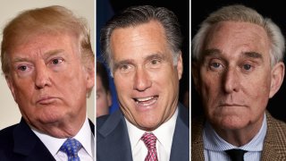 Combinación de fotografías del presidente Donald Trump, el senador Mitt Romney y Roger Stone.