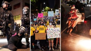Combinación de fotografías de protestas en Portland, Oregon.