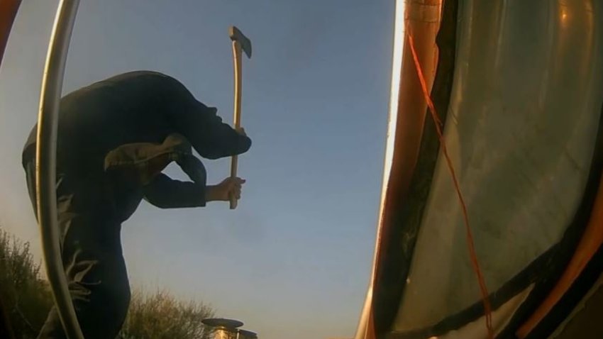 Video shows a man destroying a drum kit with an axe at a Southern California park.