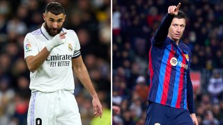 De izquierda a derecha: Karim Benzema del Real Madrid y Robert Lewandowski del Barcelona.