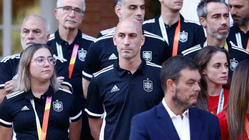 MADRID, SPAIN – AUGUST 22: Luis Rubiales attends a reception with Pedro Sanchez, First Minister of Spain (not pictured), for the players and staff of the Spain women’s national football team after they won the FIFA Women’s World Cup Australia & New Zealand 2023 at Palacio de la Moncloa on August 22, 2023, in Madrid, Spain. (Photo by Oscar J. Barroso / AFP7 via Getty Images)