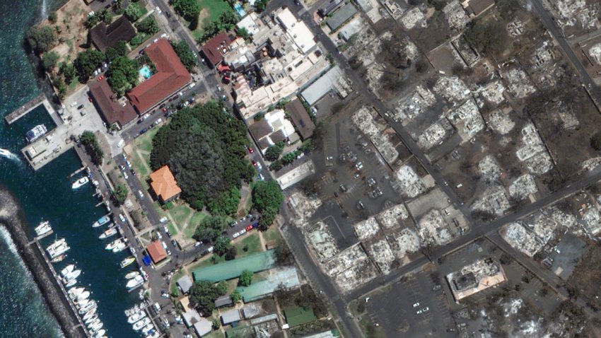 A before and after look at Lahaina's Banyan Court after wildfires swept Maui on Aug. 9, 2023.