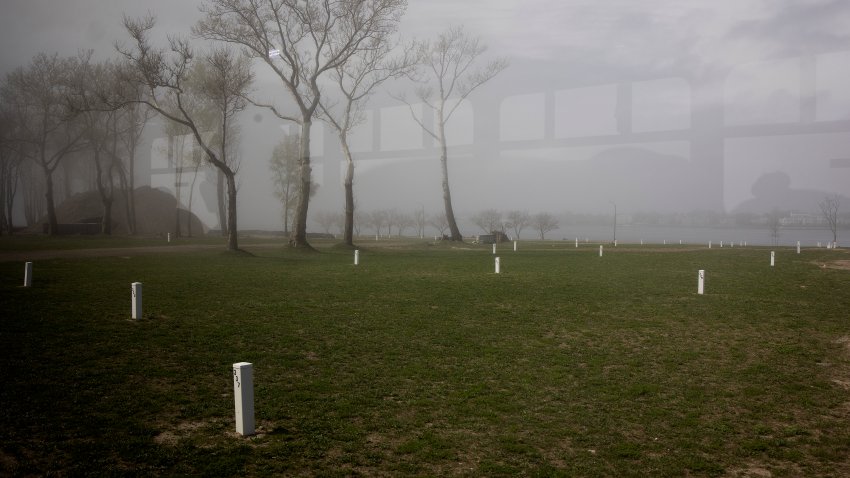 HART ISLAND,  NEW YORK – APRIL 16:  Landscape views, seen through the window of a bus shuttling family members to the grave site of relatives, of Hart Island, New York Citys burial grounds for the poor, unknown, and unclaimed. April 16, 2023, as seen from City Island in the Bronx, New York. For years under the supervision of the Department of Corrections, the island has been inaccessible to New Yorkers, but a new stewardship by the Department of Parks is now offering visitation for family members with loved ones buried on the island, with eventual plans to open the island to the public.