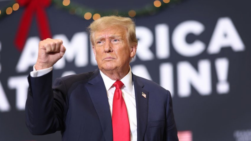 WATERLOO, IOWA – DECEMBER 19: Republican presidential candidate and former U.S. President Donald Trump gestures as he wraps up a campaign event on December 19, 2023 in Waterloo, Iowa. Iowa Republicans will be the first to select their party’s nomination for the 2024 presidential race, when they go to caucus on January 15, 2024. (Photo by Scott Olson/Getty Images)