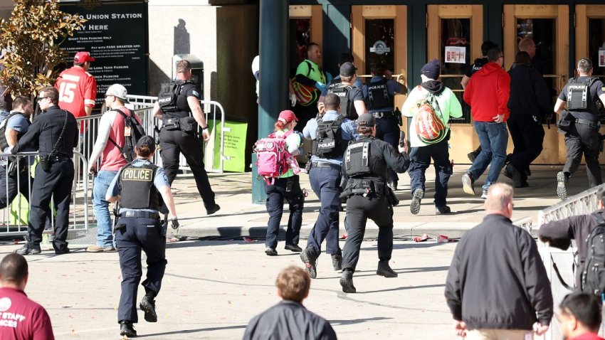 KANSAS CITY, MISSOURI – FEBRUARY 14: Law enforcement responds to a shooting at Union Station during the Kansas City Chiefs Super Bowl LVIII victory parade on February 14, 2024 in Kansas City, Missouri. Several people were shot and two people were detained after a rally celebrating the Chiefs Super Bowl victory. (Photo by Jamie Squire/Getty Images)