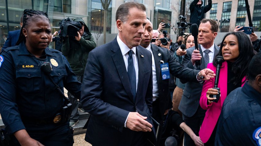 Hunter Biden, son of US President Joe Biden, center, departs after an interview with the House Oversight Committee in Washington, DC, US, on Wednesday, Feb. 28, 2024. Republicans in the US Congress are formally investigating whether to impeach President Joe Biden over his family’s business dealings, a politically charged move that casts a shadow on the 2024 election. Photographer: Kent Nishimura/Bloomberg via Getty Images