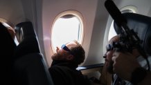 Southwest Airlines flight #1910 from St Louis to Houston passes through the totality of the solar eclipse on April 8, 2024. Photo credit: Stephen M. Keller