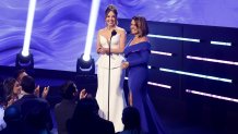 BILLBOARD MUJERES LATINAS EN LA MUSICA 2024 -- Pictured: (l-r) Myrka Dellanos, Penelope Menchaca on stage at the Telemundo Center in Miami, FL on June 8, 2024 -- (Photo by: John Parra/TELEMUNDO)