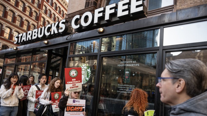 Starbucks Workers United union members and supporters on a picket line outside a Starbucks coffee shop in New York, US, on Thursday, Nov. 16, 2023. Thousands of Starbucks Corp. baristas went on strike Thursday, claiming the coffee chain refuses to fairly negotiate with their union. Photographer: Victor J. Blue/Bloomberg via Getty Images