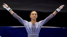 MINNEAPOLIS, MINNESOTA - JUNE 30: Hezly Rivera prepares for her uneven bars routine on Day Four of the 2024 U.S. Olympic Team Gymnastics Trials at Target Center on June 30, 2024 in Minneapolis, Minnesota. (Photo by Elsa/Getty Images)