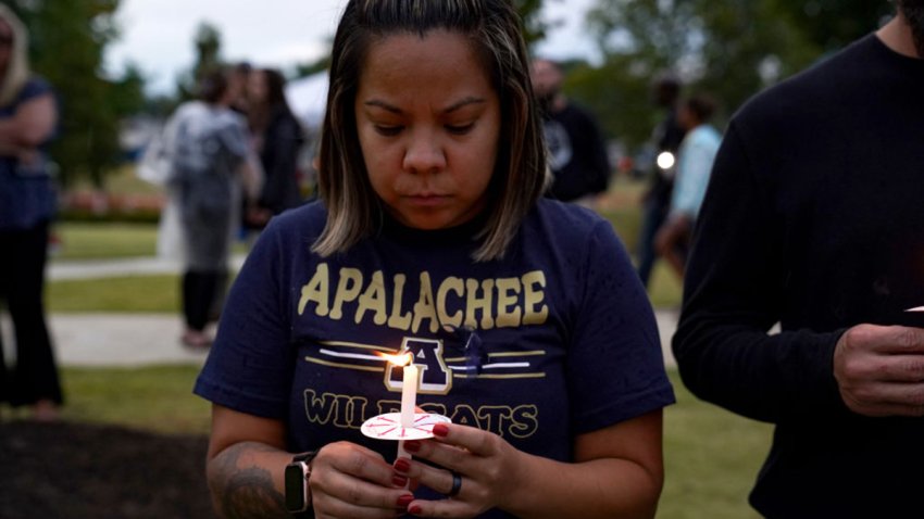 WINDER, GEORGIA – SEPTEMBER 06: Community members, students, and faculty of Apalachee High School come together for a vigil on September 6, 2024 in Winder, Georgia. Two students and two teachers were shot and killed at Apalachee High School by a 14 year old student on September 4th, at least nine others were also injured in the incident.  (Photo by Megan Varner/Getty Images)