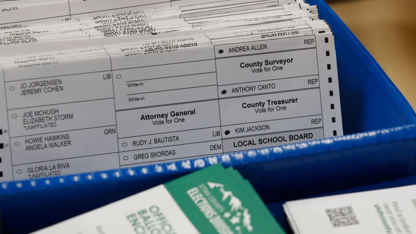 Ballots in containers waiting to be counted for the 2020 Presidential election in Provo, Utah, U.S., on Tuesday, Nov. 3, 2020. American voters, at least those who’ve not yet cast ballots, go to the polls Tuesday to choose between President Donald Trump and Democratic nominee Joe Biden and cast votes in U.S. House and Senate races and state and local elections. Photographer: George Frey/Bloomberg via Getty Images