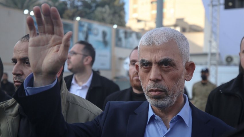 Yahia al-Sinwar, Gaza Strip chief of the Palestinian Islamist Hamas movement, waves to supporters during a protest held to mark Al-Quds (Jerusalem) Day, a commemorative day in support of the Palestinian people celebrated annually on the last Friday of the Muslim fasting month of Ramadan by an initiative started by late founder of the Islamic republic in Iran. in Gaza City on April 14, 2023.
 (Photo by Majdi Fathi/NurPhoto via Getty Images)