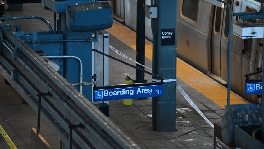 A view from the scene where a woman died after being lit on fire by a man aboard an MTA subway train as she slept at the Coney Island-Stillwell Avenue subway station in the Coney Island section of Brooklyn, New York.