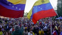 MIAMI, FLORIDA- JANUARY 9: Dozens of Venezuelans rallied in support of opposition leader Maria Corina Machado a day before the Presidential inauguration of January 9, in Miami, Florida. Demonstrators also protest the upcoming inauguration of Venezuelan President Nicolas Maduro for a third term. Venezuelan opposition leader Maria Corina Machado was detained on Thursday in Caracas by agents of Nicolas Maduro’s. (Photo by Jesus Olarte/Anadolu via Getty Images)