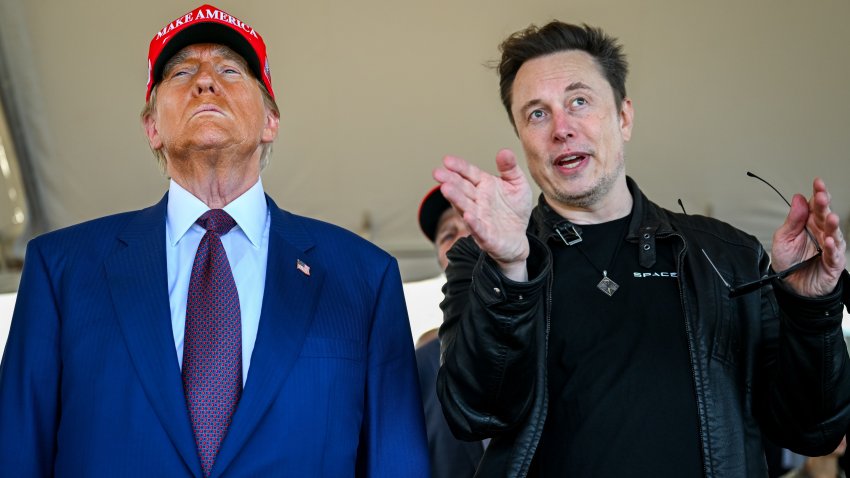 BROWNSVILLE, TEXAS – NOVEMBER 19: Elon Musk speaks with U.S. President-elect Donald Trump as they watch the launch of the sixth test flight of the SpaceX Starship rocket on November 19, 2024 in Brownsville, Texas. SpaceX’s billionaire owner, Elon Musk, a Trump confidante, has been tapped to lead the new Department of Government Efficiency alongside former presidential candidate Vivek Ramaswamy. (Photo by Brandon Bell/Getty Images)