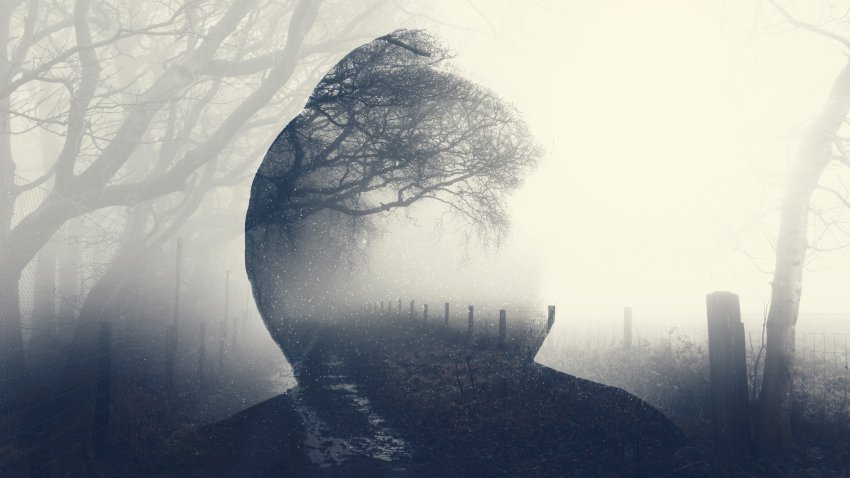A double exposure of a spooky half transparent hooded figure. Over layered over a foggy path in the countryside. On a moody foggy winters day.