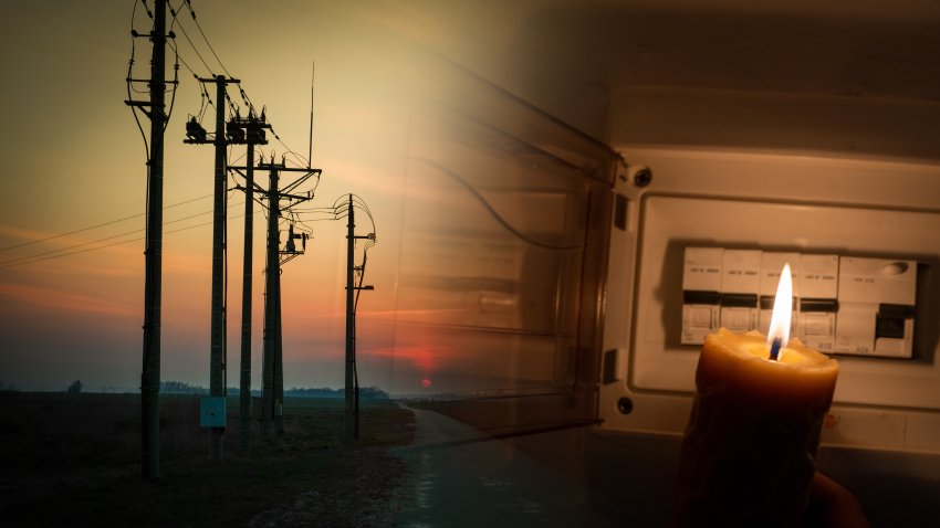 Blackout, power poles in the dark sky, power cut – no electricity, the flame of a candle, circuit breaker, electrical outlet plug