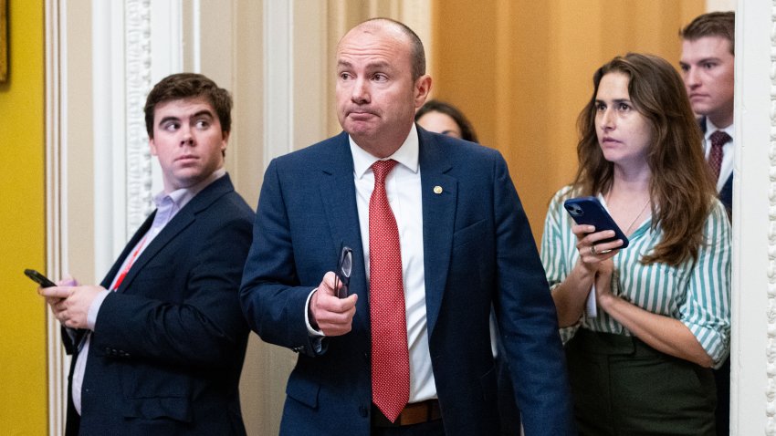 UNITED STATES – JUNE 17: Sen. Mike Lee, R-Utah., speaks to reporters as he arrives for the Senate Republicans’ lunch meeting in the U.S. Capitol on Tuesday, June 17, 2025. (Bill Clark/CQ-Roll Call, Inc via Getty Images)