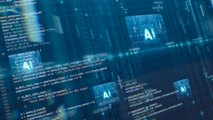 A motion graphic showing computer code on a digital screen, representing artificial intelligence, machine learning, and innovative software development technology.