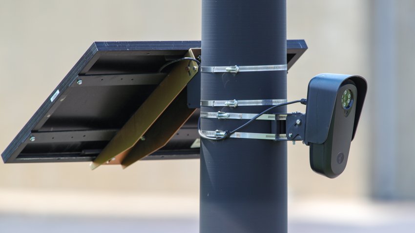 BLOOMSBURG, PENNSYLVANIA, UNITED STATES – 2026/08/14: A Flock automated license plate reader (ALPR) camera is seen at the entrance to the parking lot of a Lowe’s store near Bloomsburg. (Photo by Paul Weaver/SOPA Images/LightRocket via Getty Images)