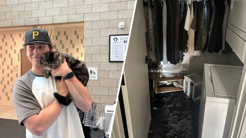 Ryder Mathis reunited with Toast Malone, left, after the cat was found in his closet days after a fire.